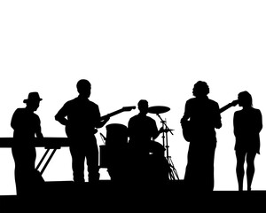 Rock band musicians on stage. Isolated silhouettes on a white background - 409415474
