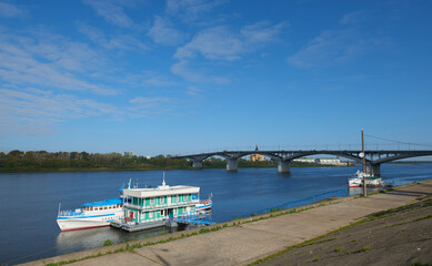 Fototapeta na wymiar Panoramic view of Nizhny Novgorod. View of the Nizhnevolzhskaya Embankment and the Nizhny Novgorod Kremlin, a city on the Volga River Russia