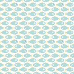 Seamless pattern with blue fish on white background. Marine simple texture