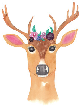 Watercolor deer illustration with flowers isolated on white background. Cute hand painted animal great for card making, scrapbooking, party invitations
