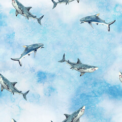 Watercolor seamless pattern with beautiful sharks on the blue background. Seamless pattern for your design