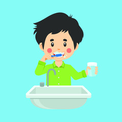 Happy Cute Kid Boy Brush Clean Teeth