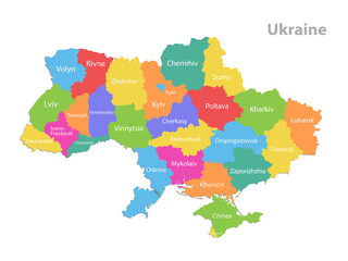 Ukraine map, administrative division, separate regions with names, color map isolated on white background vector