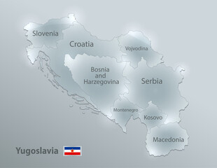 Yugoslavia map and flag, administrative division, separates regions and names individual region, design glass card 3D vector