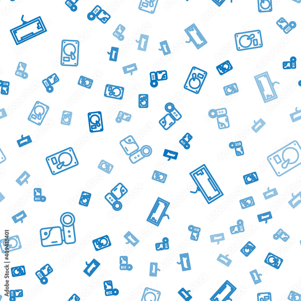Poster set line cinema camera, keyboard and hard disk drive hdd on seamless pattern. vector.
