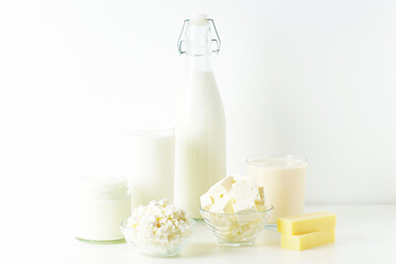 Different milk products: milk, cheese and yoghurt