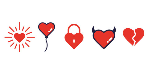 Heart icons set. Simple shapes. vector illustration in flat style. Heart in the form of a lock, a balloon, glowing, broken, with horns