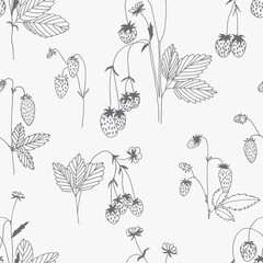 Elegant black and white hand-drawn seamless pattern with branches of wild berries. Applicable for creating wrapping papers, wallpapers, fabrics and decorative backgrounds. Vector illustration.