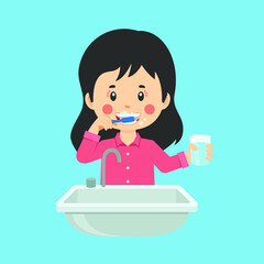 Happy Cute Kid Girl Brush Clean Teeth