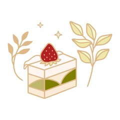 Hand drawn cake, pastry, and bakery logo elements in linear style and isolated white background with strawberry and floral elements