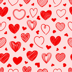 Red doodle hearts vector seamless background