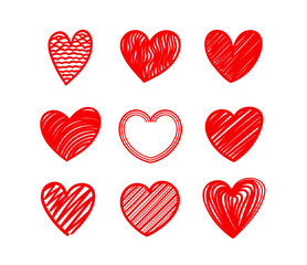 Red doodle hearts isolated on white background. Vector template for graphic design