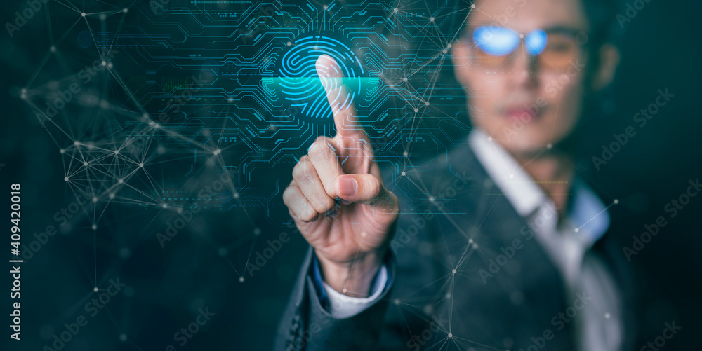 Poster man and digital technology, asian ceo business man finger scan touch cyber world digital screen in c