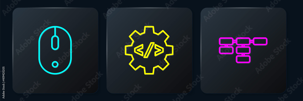 Poster set line computer mouse, site map and front end development. black square button. vector.