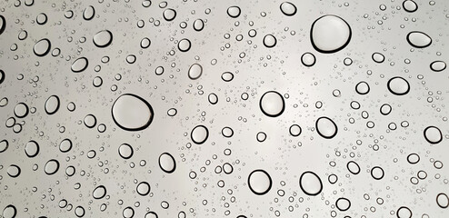 Rain drops or water droplets on clear glass on a gray background. 