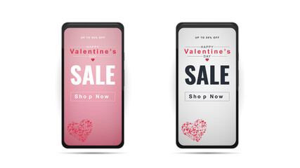 Fototapeta na wymiar Valentines day background on a smartphone monitor and typography Happy Valentine's Day text on white background. Vector illustration. Romantic quote postcard, postcard, invitation, banner template.
