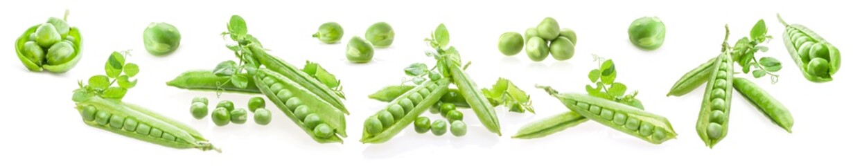 Collection of fresh green pea pod and peas isolated on white background