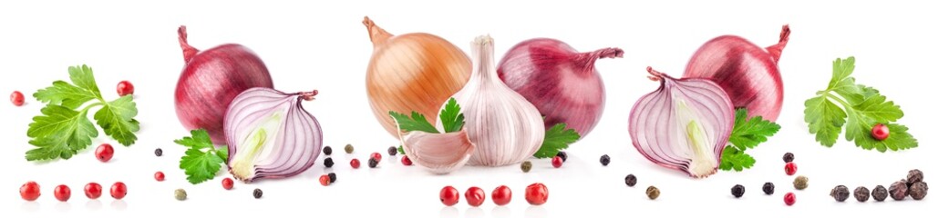 Collection of garlic and onion with peppercorn and parsley isolated on white background