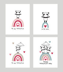 Set of Greeting cards with hand drawn cute pandas, rainbow and hearts. Happy Valentine's Day. Vector.