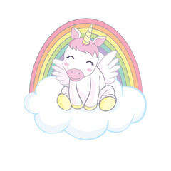 Cute magical unicorn and rainbow. Vector design isolated on white background. Print for t-shirt or sticker. Romantic hand drawing illustration for children.
