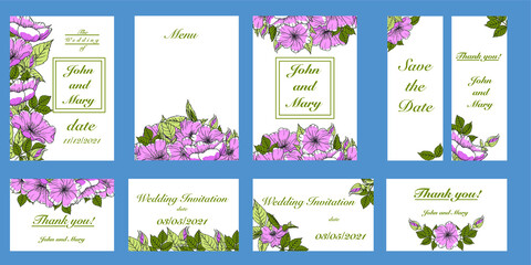 Wedding invitation, invitation, save date card with vector flower bouquet frame design: garden, pink, burgundy rose hip flower, rose hip leaves.