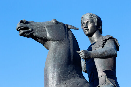  Close up of the equestrian statue of Alexander the great. Its located on the corner of Amalias and Vasilissis Olgas Avenue in central Athens, Greece. Sunny day