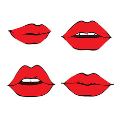 Female lips set. Mouth with a kiss, smile, tongue, teeth.