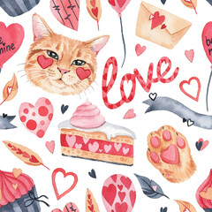 Watercolor seamless pattern with elements for Valentine's Day.  Hearts, sweets, balls, gifts, cute cat and other cute items. - 409423427