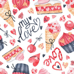 Watercolor seamless pattern with elements for Valentine's Day.  Hearts, sweets, balls, gifts, cute cat and other cute items. - 409423464