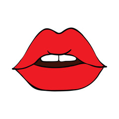 Lips kiss. Vector patch, sticker isolated on white. Cool sexy red kissed.