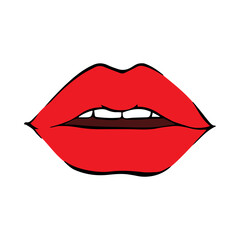 Lips kiss. Vector patch, sticker isolated on white. Cool sexy red kissed.
