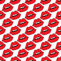 Seamless pattern with a lipstick kiss prints on white background.