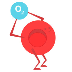 Cartoon red blood cell carrying oxygen. Vector illustration of red blood cell hemoglobin and oxygen for infographics, banner, icon, motion design. Medicine picture.