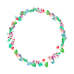 Floral wreath on white background. Bright colorful spring flowers. Vector floral frame template.