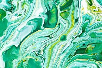 Fototapeta na wymiar Fluid art texture. Background with abstract iridescent paint effect. Liquid acrylic picture that flows and splashes. Mixed paints for interior poster. Green, blue and yellow overflowing colors