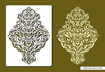 Stencil with a floral pattern. Rhombus shape. Luxurious ornament of intertwining leaves, garlands of dots, flowers, curls. Natural theme. Template for laser plotter cutting of paper, cardboard. Vector