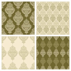 Set of seamless patterns with luxurious floral ornaments. Gold, beige decorative elements on a brown background. Classic style. Endless repeating texture for fabrics, textiles, wallpapers, interiors.
