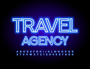 Vector business logo Travel Agency. Blue glowing Font. Neon Alphabet Letters and Numbers set