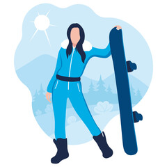 Girl with a snowboard in his hands. Women's snowboard. Flat design. Vector illustration on a white background.