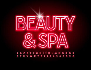 Vector bright logo Beauty and Spa. Elegant glowing Font. Red Neon Alphabet Letters and Numbers set