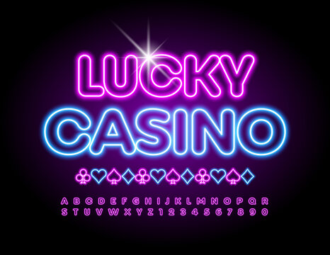 Vector creative banner Lucky Casino. Glowing bright Font. Neon Alphabet Letters and Numbers set