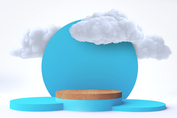 Round blue pedestal or podium with white cloud. Colorful minimal concept design. Abstract modern art illustration for presentation template. 3d render.