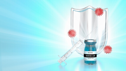 Illustration of a bottle with a vaccine against the Covid-19 coronavirus, a syringe and a shield. Medical concept of Sars-Cov-2 vaccination. 3D Render