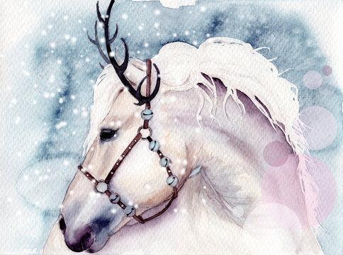 Watercolor illustration of a white horse with a snow-white mane with bells on the harness and deer horns on its head on a gray-blue background
