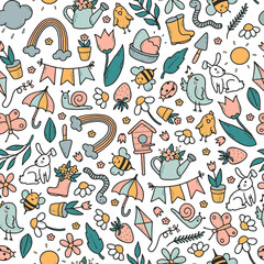 cute seamless pattern with hand drawn spring doodles on white background for textile prints, pisters, cards, wrapping paper, scrapbooking, decor, etc.