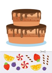 Education paper game for preshool children. Decorate the cake. 
