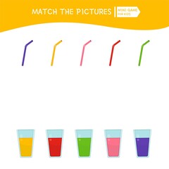Matching children educational game. Place the straw in a glass of juice of the same color.. Activity for pre sсhool years kids and toddlers.
