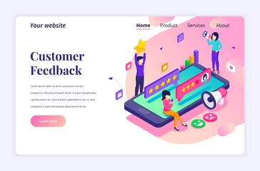 Fototapeta na wymiar Isometric landing page design concept of Customer reviews concept, People near big smartphone giving feedback. Customers evaluating a product or service. vector illustration