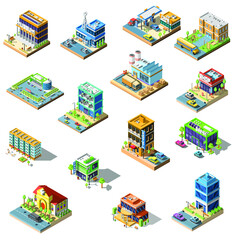 Set Abstract Collection Isometric 3D City Buildings Town Urban Vector Design Style