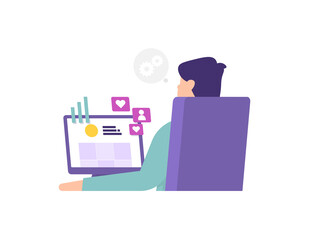 Fototapeta premium a concept of a social media planner, content creator, digital marketing. illustration of a social media admin operating or using a computer. chart and heart symbols. flat style. vector design element